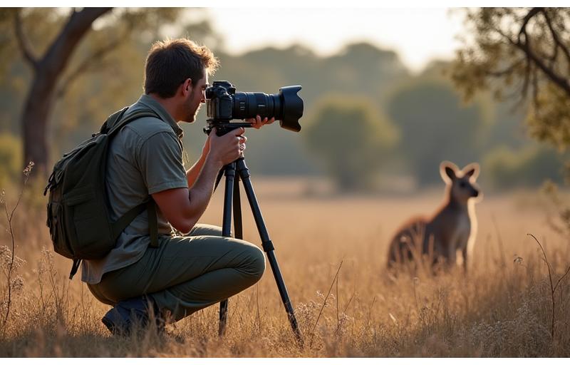Photographer holding camera, observing wildlife from a distance