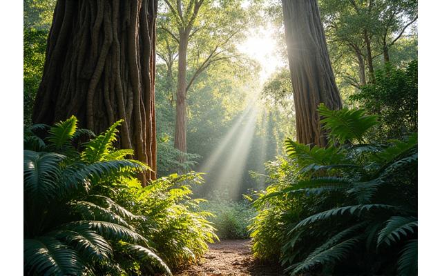 Lush Australian rainforest with dense foliage and dappled sunlight
