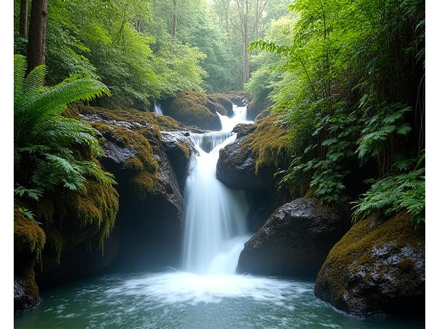 Hidden waterfall in a lush, green Australian rainforest